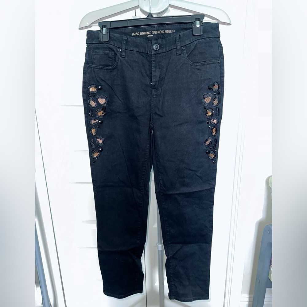 Chico's Black So Slimming Girlfriend Ankle Jeans with Leopard Print detail